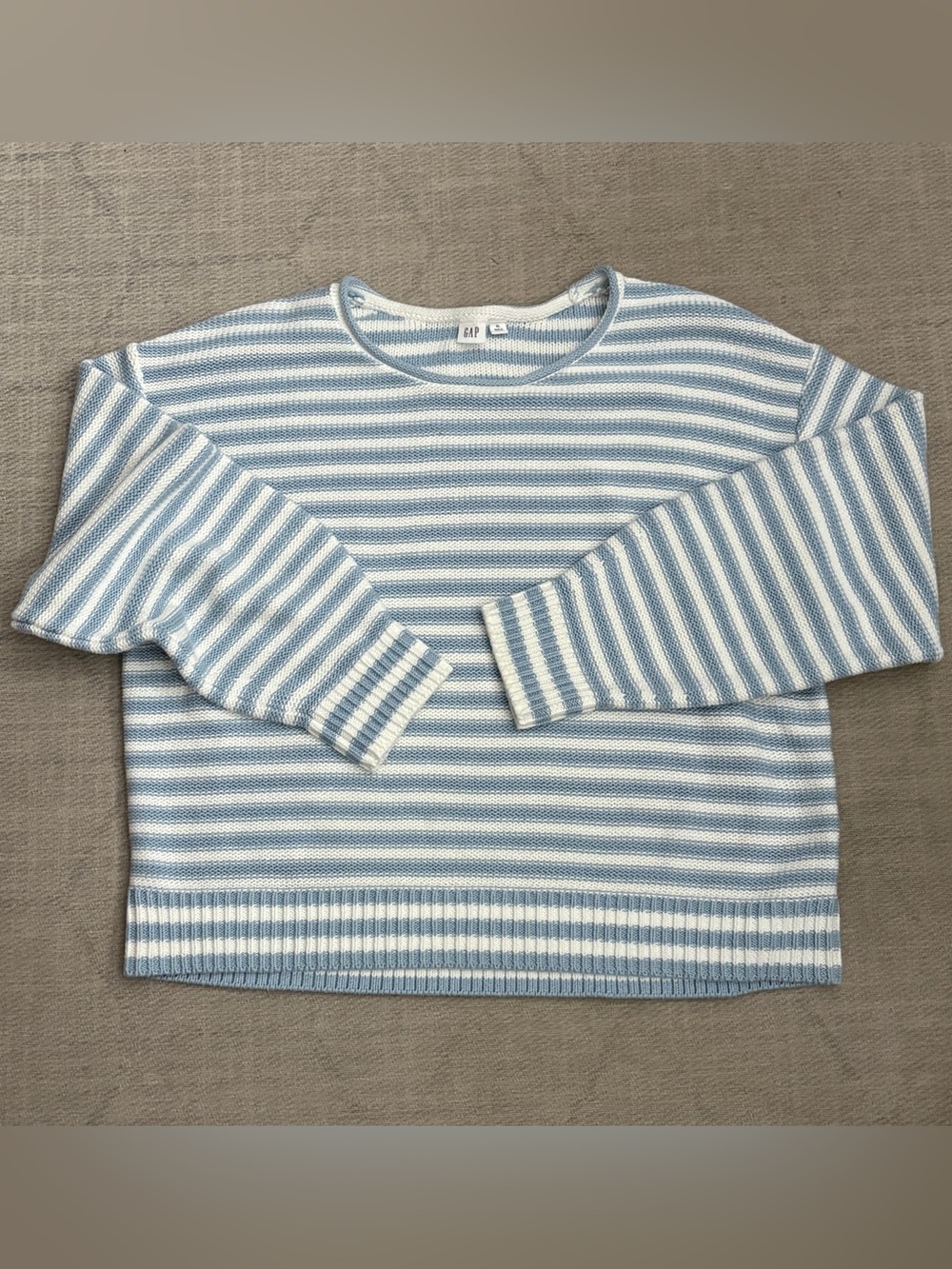 GAP Light Blue and White Striped Crewneck Sweater